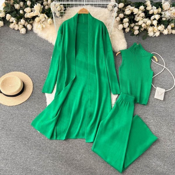 lazy loose knitted suit women's long shawl cardigan + turtleneck sweater + wide-leg pants three-piece set