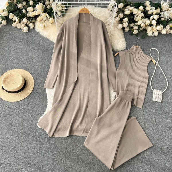 lazy loose knitted suit women's long shawl cardigan + turtleneck sweater + wide-leg pants three-piece set