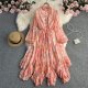 Wood ear edge stand-up collar chiffon print mid-length vacation seaside dress tie women