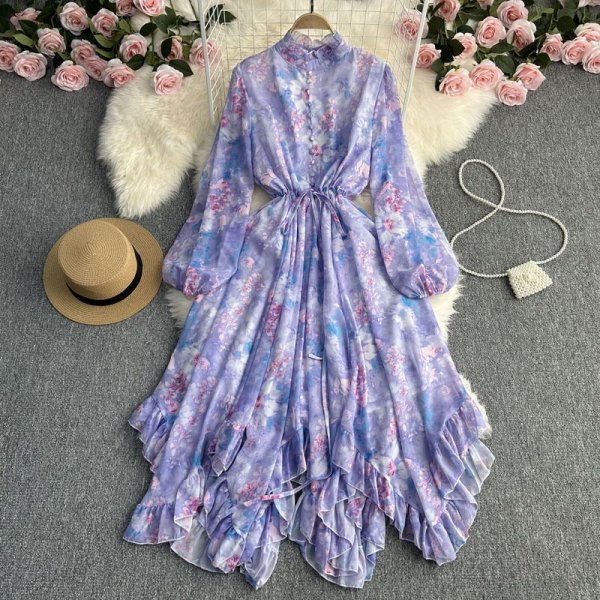 Wood ear edge stand-up collar chiffon print mid-length vacation seaside dress tie women