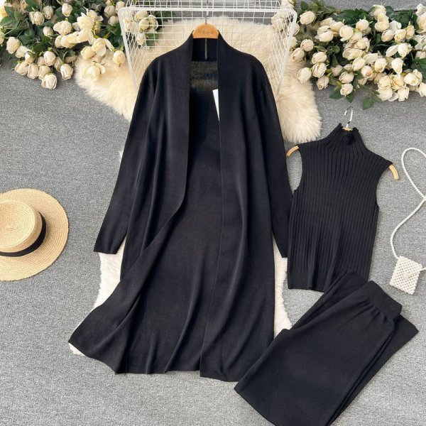 lazy loose knitted suit women's long shawl cardigan + turtleneck sweater + wide-leg pants three-piece set