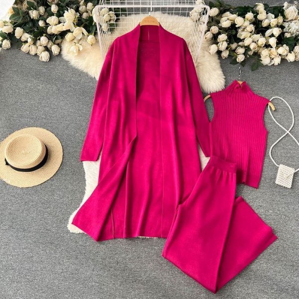 lazy loose knitted suit women's long shawl cardigan + turtleneck sweater + wide-leg pants three-piece set