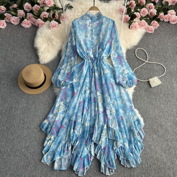 Wood ear edge stand-up collar chiffon print mid-length vacation seaside dress tie women