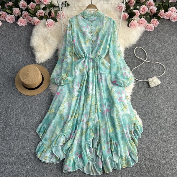 Wood ear edge stand-up collar chiffon print mid-length vacation seaside dress tie women